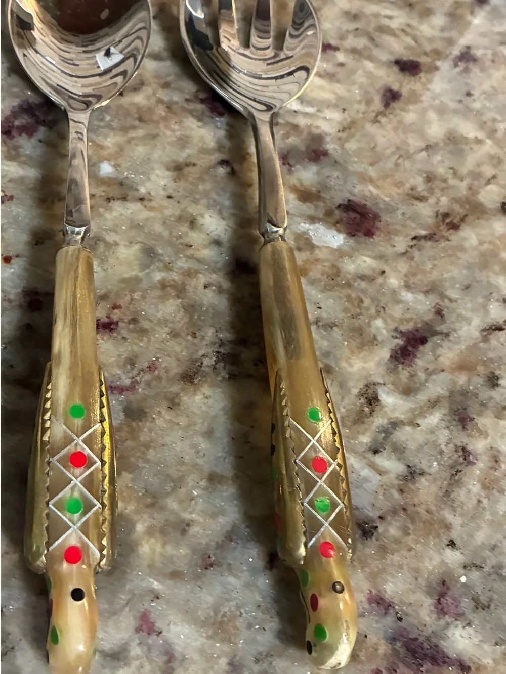 Vintage Gold-Tone Decorative Salad Serving Set with Color Accent Handles